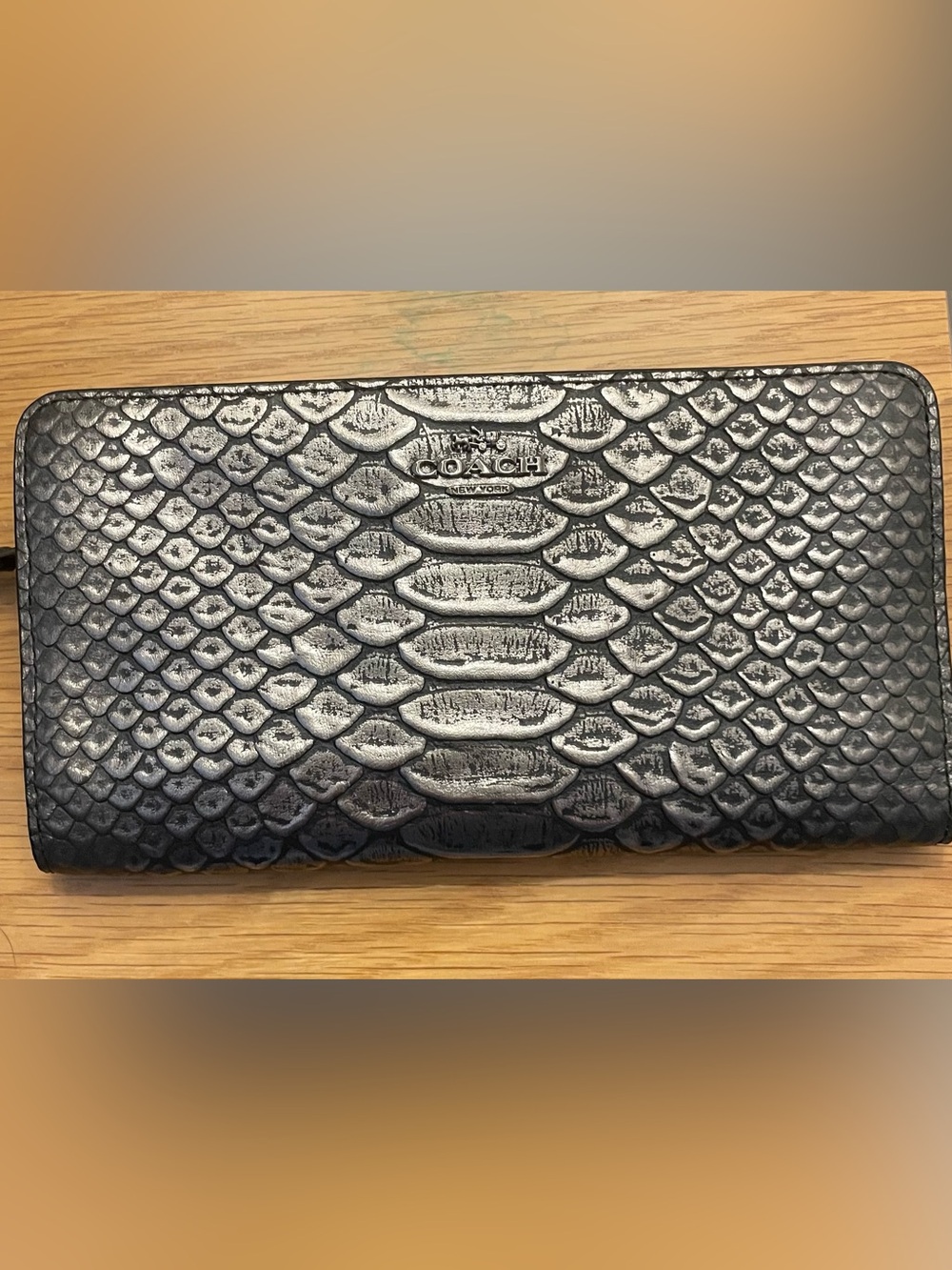 Coach Metallic Embossed Python Zip Wallet - Black/Silver
